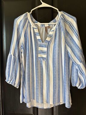 Blue and White Striped Peasant Blouse - Women Tops